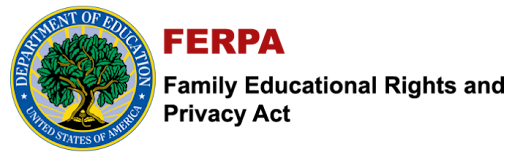 FERPA Standards Family Education Rights and Privacy Act symbol. Department of Education seal of tree on grey background with yellow rays on light behind.